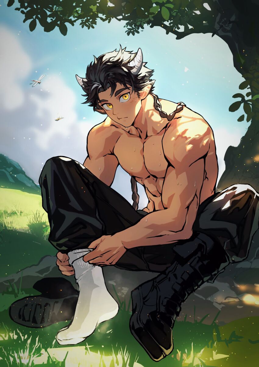 1boy abs absurdres arknights bara black_boots boots braid closed_mouth cow_boy cow_horns daziran_de_duqiyan highres horns large_pectorals looking_at_viewer male_focus muscular muscular_male outdoors pectorals removing_sock sitting topless_male wan_qing_(arknights) yellow_eyes