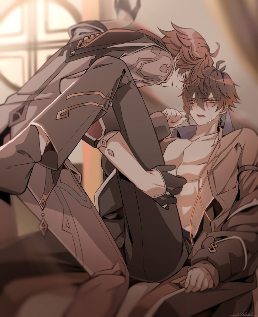 2boys absurdres blush genshin_impact hand_against_wall hand_on_another&#039;s_thigh highres image_sample leg_up multiple_boys open_clothes open_shirt pixiv pixiv_sample shisui53 sweatdrop tartaglia_(genshin_impact) yaoi zhongli_(genshin_impact)