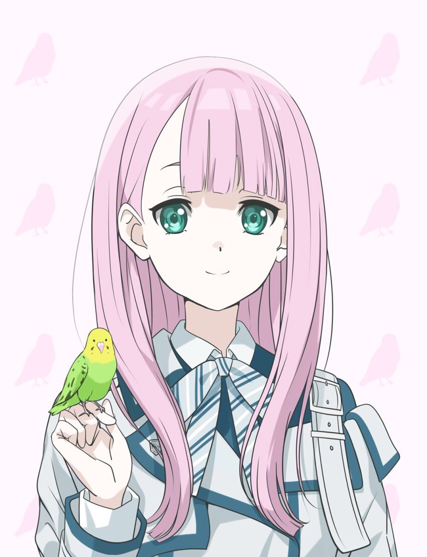 1girl 22/7 asymmetrical_bangs bird bird_on_hand blunt_bangs bow bowtie closed_mouth collared_shirt diagonal-striped_bow diagonal-striped_bowtie diagonal-striped_clothes dress green_eyes hand_up highres kamiki_mikami kamisama_datte_kimerarenai long_hair long_sleeves looking_at_viewer matsubokkurin227 multicolored_dress parrot pink_background pink_hair shirt smile solo striped_clothes upper_body white_shirt