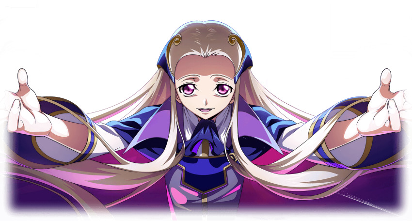 1boy blonde_hair blue_cape cape code_geass code_geass:_lost_stories f4samurai game_cg highres long_hair male_focus official_art open_mouth purple_eyes sidelocks smile solo teeth v.v. very_long_hair