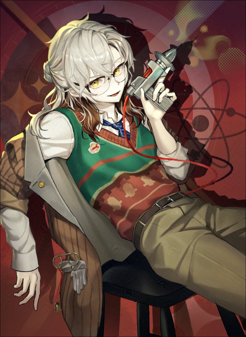 1other :d absurdres androgynous atom belt blue_necktie brown_belt brown_hair brown_jacket brown_pants colored_tips cowboy_shot glasses green_vest gun hand_up handgun highres holding holding_gun holding_weapon jacket looking_at_viewer medicine_pocket medicine_pocket_(the_cosmos_photographer) multicolored_hair necktie official_alternate_costume on_stool open_mouth pants red_background red_vest reverse:1999 shadow shirt sitting smile solo striped_clothes striped_jacket sweater_vest two-tone_vest vertical-striped_clothes vertical-striped_jacket vest wamel_(didwatermelon41) weapon white_hair white_shirt yellow_eyes