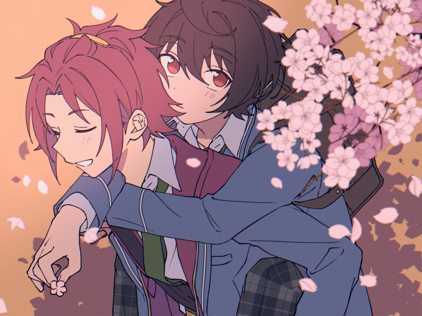 2boys bag black_bag carrying cherry_blossoms close-up closed_eyes closed_mouth ensemble_stars! falling_petals flower from_above hair_between_eyes highres holding holding_flower implied_yaoi isara_mao light_blush looking_up male_focus multiple_boys niyororinpayamaru outdoors pants petals piggyback pink_flower plaid_clothes plaid_pants sakuma_ritsu school_bag school_uniform shoulder_bag teeth tree_shade wind yumenosaki_school_uniform