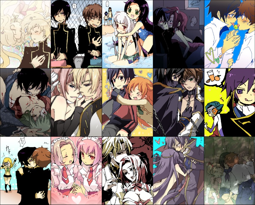 ! !! 6+girls ? aged_down albino alternate_costume animal_ears anya_alstreim ashford_academy_school_uniform bandages bare_shoulders beach bikini black_hair blonde_hair blood blue_one-piece_swimsuit blush bow bowtie breasts brown_hair c.c. candy cape chain child circlet cleavage closed_eyes code_geass collar couple detached_collar eating fake_animal_ears flat_chest food gino_weinberg glomp green_eyes green_hair heart hetero highres holding_hands hug hug_from_behind indoors japanese_clothes jeremiah_gottwald kannon_maldini kiss kl_(dgzonbi) kouzuki_kallen kururugi_suzaku large_breasts laughing lelouch_vi_britannia leotard li_xingke lollipop long_hair lying male_focus medium_breasts milly_ashford multiple_boys multiple_girls multiple_views nude nunnally_vi_britannia on_back one-piece_swimsuit open_mouth partially_undressed pink_hair pixel_art playboy_bunny purple_eyes rabbit_ears red_eyes red_hair rolo_lamperouge sarong schneizel_el_britannia school_swimsuit school_uniform shirley_fenette short_hair sleeping small_breasts smile sumeragi_kaguya swimsuit tianzi twintails upside-down very_long_hair white_bikini white_hair yaoi yuri zero_(code_geass)