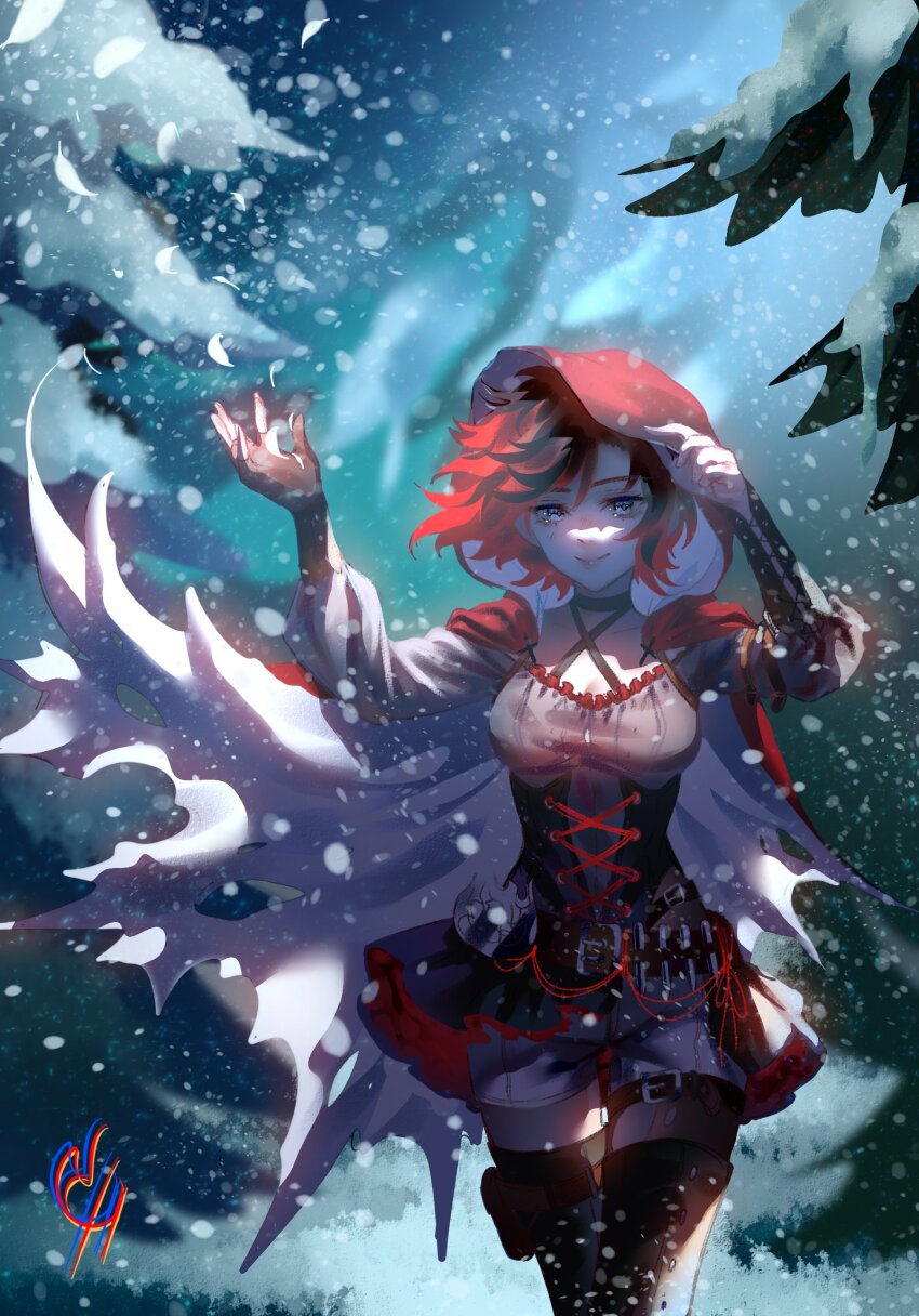 1girl ammunition_belt artist_name belt black_hair boots breasts cape choker coconuthound forest frilled_skirt frills gradient_hair grey_eyes hand_on_headwear highres hood hood_up multicolored_hair nature pine_tree pouch red_cape red_hair ruby_rose rwby short_hair skirt small_breasts snow snowing solo thigh_boots tree
