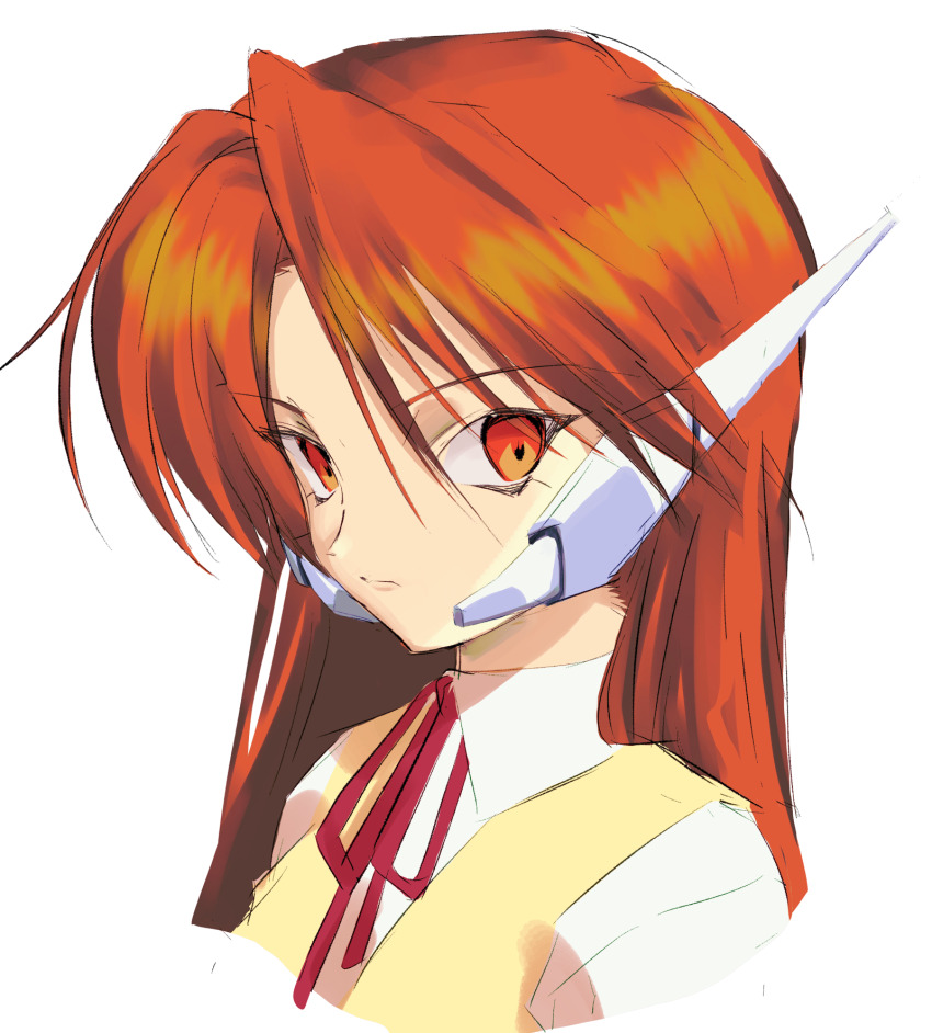 1girl closed_mouth commentary cropped_shoulders expressionless from_side frown highres long_hair looking_at_viewer looking_to_the_side neck_ribbon orange_eyes orange_hair portrait red_ribbon ribbon robot_ears school_uniform serio_(to_heart) shirt simple_background solo sweater_vest symbol-only_commentary tako3000 to_heart to_heart_(series) white_background white_shirt yellow_sweater_vest