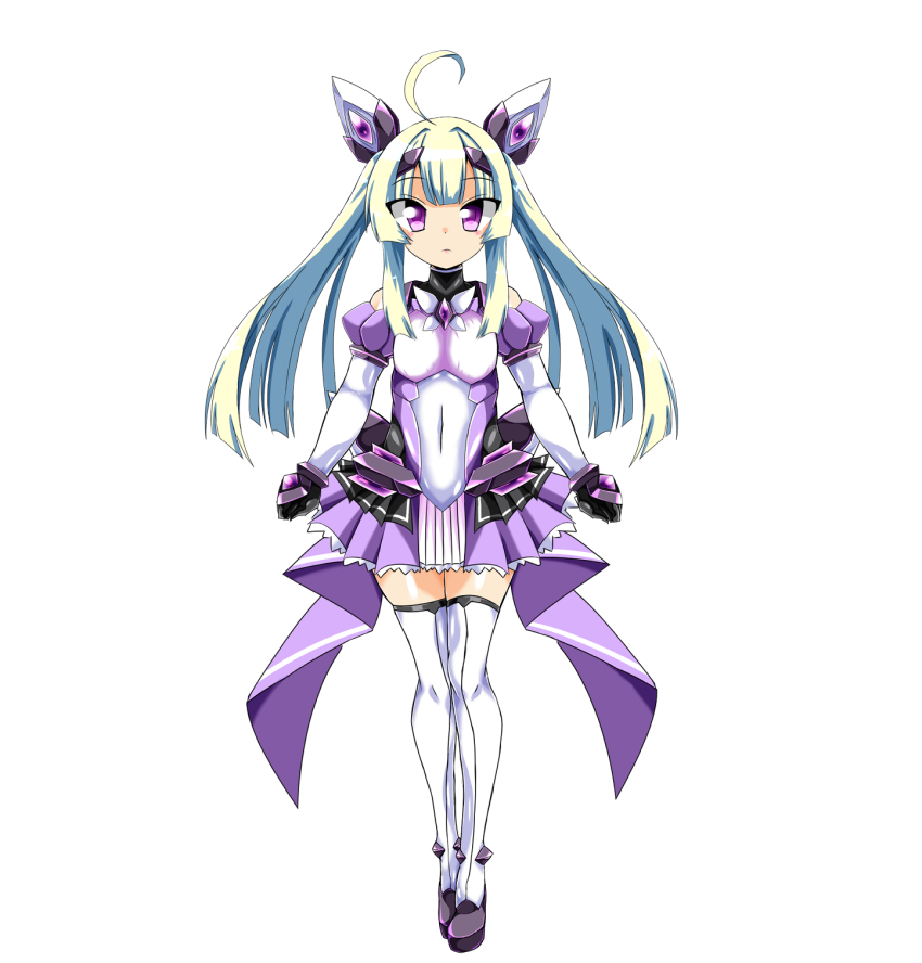1girl ahoge amakubo_yuri bare_shoulders black_gloves blonde_hair bodysuit breasts clenched_hands closed_mouth covered_navel detached_sleeves dress expressionless exs-tia_flora full_body gloves green_hair headgear highres kouyoku_senki_exs-tia long_hair looking_at_viewer magical_girl pleated_skirt purple_dress purple_eyes skirt small_breasts solo standing straight-on tachi-e thighhighs transparent_background twintails white_thighhighs zesuto zettai_ryouiki