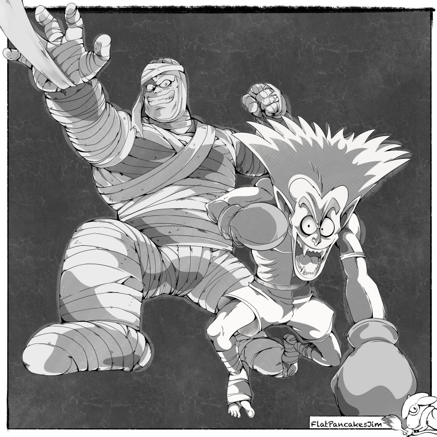 2boys absurdres bandages bandages_the_mummy boxing_gloves dark_background dracula_man dracula_man_(dragonball) dragon_ball dragon_ball_(classic) flatpancakesjim fortune_teller_baba greyscale grin highres incoming_attack incoming_punch long_fangs looking_at_viewer monochrome muay_thai multiple_boys mummy muscular muscular_male punching shorts smile tape undead vampire