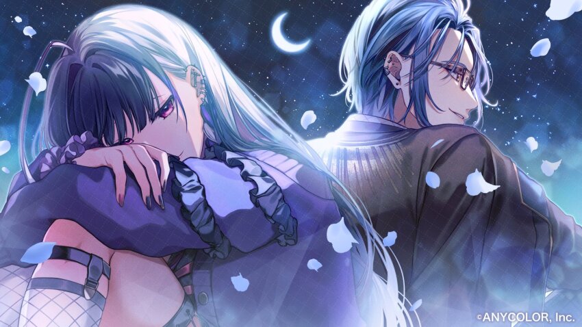 1boy 1girl ahoge asymmetrical_legwear back-to-back black_coat black_hair black_shirt blunt_bangs braid closed_mouth coat coat_on_shoulders commentary commentary_request company_name copyright_notice crescent_moon ear_piercing earrings english_commentary eyelashes falling_petals fingernails fishnet_socks fishnet_thighhighs fishnets glasses green_eyes grey_hair hair_behind_ear hair_intakes hex_haywire hex_haywire_(1st_costume) jacket jewelry kaburagi_(pnoir087) kneehighs knees_up long_fingernails long_hair long_sleeves looking_at_viewer meloco_kyoran meloco_kyoran_(1st_costume) mixed-language_commentary moon multicolored_hair multicolored_nails nail_polish night night_sky nijisanji nijisanji_en official_art open_clothes open_jacket outdoors parted_bangs parted_lips petals piercing pink_nails purple_eyes purple_hair purple_jacket purple_nails purple_scrunchie sample_watermark scrunchie shirt short_hair side_braids single_kneehigh single_sock single_thighhigh sitting sky smile socks star_(sky) starry_sky streaked_hair stud_earrings thighhighs virtual_youtuber watermark wrist_scrunchie