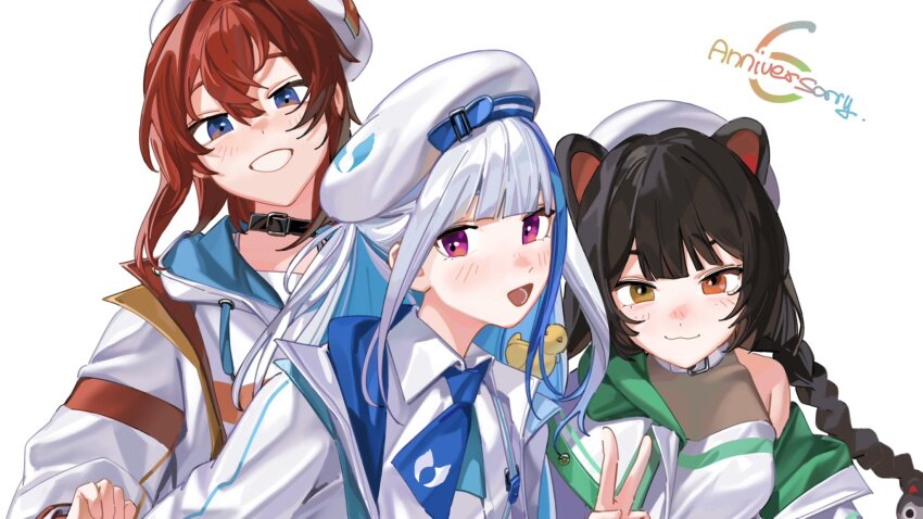 3girls :3 :d ange_katrina animal animal_ears animal_on_shoulder anniversary armpit_crease beret bird bird_on_shoulder black_collar blue_eyes blue_hair blue_necktie blunt_bangs blush braid breasts brown_hair closed_mouth collar colored_inner_hair dog_ears grin hair_between_eyes hashtag-only_commentary hat heterochromia highres hood hood_down hoodie inui_toko jacket lize_helesta long_hair long_sleeves looking_at_viewer low_twin_braids medium_breasts medium_hair multicolored_hair multiple_girls necktie nijisanji nose_blush official_alternate_costume open_mouth purple_eyes red_eyes red_hair rippoutai_fuusen sanbaka_(nijisanji) sebastian_piyodore shirt short_necktie sidelocks simple_background single_bare_shoulder single_off_shoulder smile square-end_necktie streaked_hair twin_braids two-tone_hair v virtual_youtuber white_background white_collar white_hair white_hat white_hoodie white_jacket white_shirt yellow_bird yellow_eyes