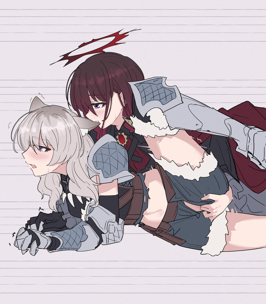 2girls animal_ears armor armored_boots armored_gloves biting biting_ear blue_eyes blush boots brown_hair cape chibi commentary_request fingering fingering_from_behind girls_band_cry grey_eyes grey_hair grey_shorts halo highres iseri_nina kawaragi_momoka kemonomimi_mode long_hair low_twintails multicolored_hair multiple_girls open_mouth red_cape roots_(hair) short_hair short_twintails shorts shoulder_armor sweatdrop trembling twintails wolf_ears wolf_girl yun_cao_bing yuri