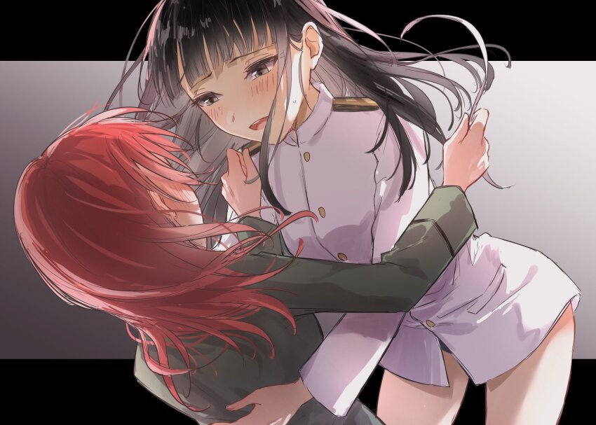 2girls black_hair from_behind highres holding long_hair looking_at_another minna-dietlinde_wilcke multiple_girls open_mouth red_hair sakamoto_mio shima7_c simple_background standing strike_witches tape world_witches_series yuri