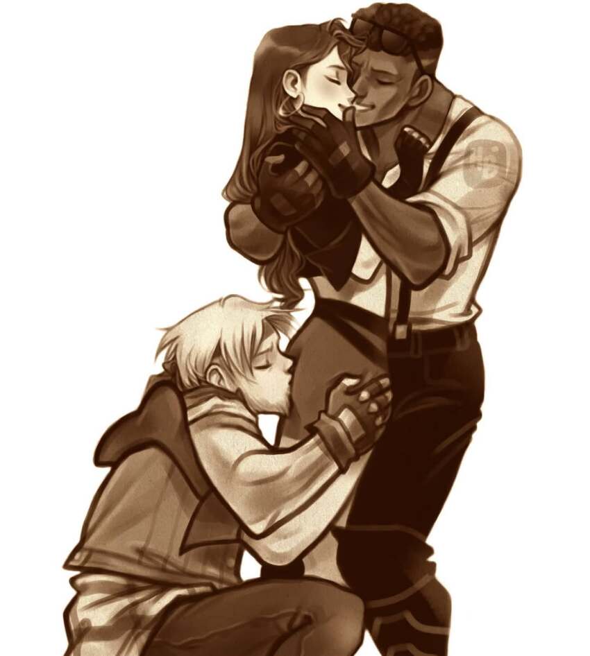 1girl 2boys adam_hunter axel_stone blaze_fielding boots earrings face_in_ass fingerless_gloves gloves hands_on_another&#039;s_face highres hug jacket jewelry multiple_boys sega shirt skirt streets_of_rage streets_of_rage_4 suspenders