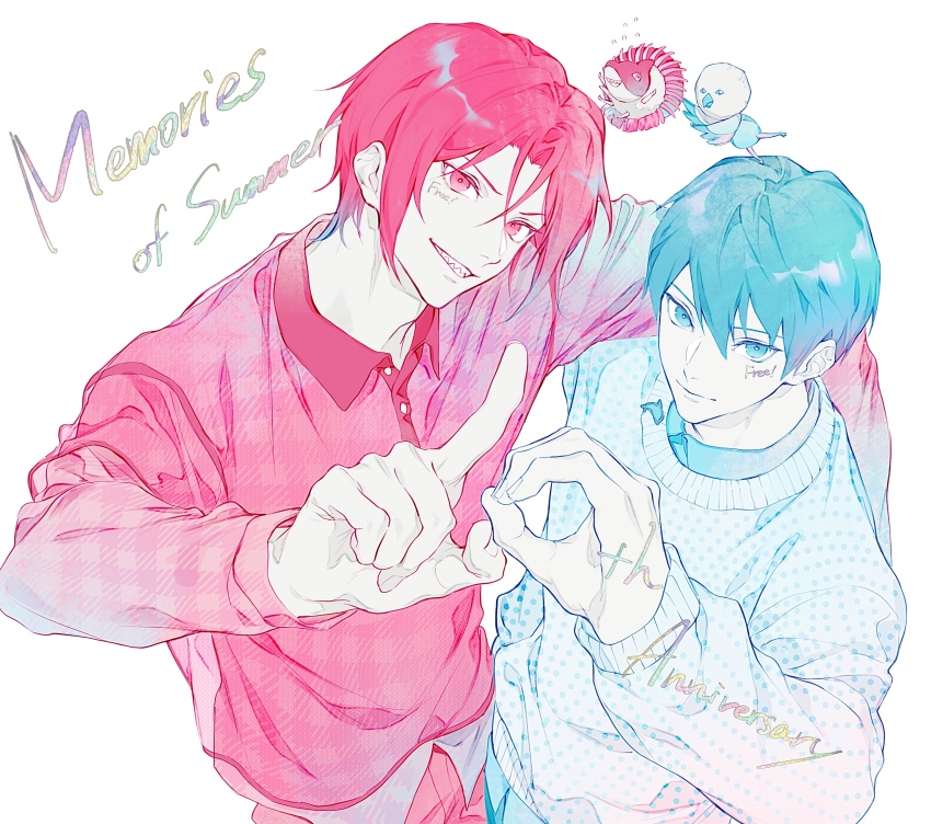 2boys absurdres blue_theme breasts curtained_hair free! highres long_sleeves looking_at_viewer male_focus matsuoka_rin medium_breasts monochrome multiple_boys nanase_haruka_(free!) open_mouth pink_theme sei_(_mo1008) sharp_teeth short_hair simple_background smile teeth white_background