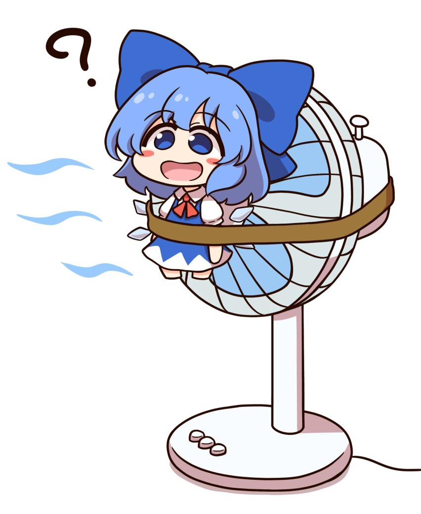 1girl ? blue_bow blue_dress blue_eyes blue_hair blush_stickers bound bow chibi cirno commentary_request dress electric_fan full_body hair_bow highres ice ice_wings open_mouth shitacemayo smile solo tape tied_up_(nonsexual) touhou wings