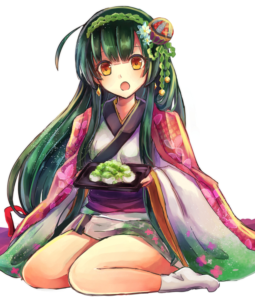 1girl cowlick green_hair green_hairband hairband highres japanese_clothes kimono long_hair no_shoes open_mouth orange_eyes short_kimono simple_background socks solo suisetsu_mizuna touhoku_zunko very_long_hair voiceroid white_background white_kimono white_socks wide_sleeves zunda_mochi