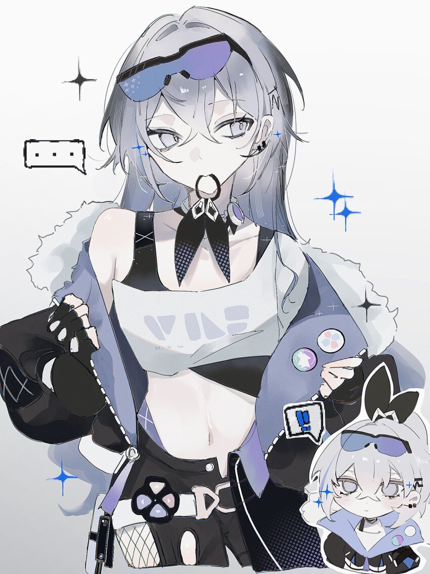 ... 1girl eyewear_on_head fur-trimmed_jacket fur_trim goggles goggles_on_head gradient-tinted_eyewear grey_eyes hair_down highres honkai:_star_rail honkai_(series) jacket long_hair purple-tinted_eyewear shirt silver_wolf_(honkai:_star_rail) single-shoulder_shirt solo speech_bubble sui_(0x0_2) tinted_eyewear