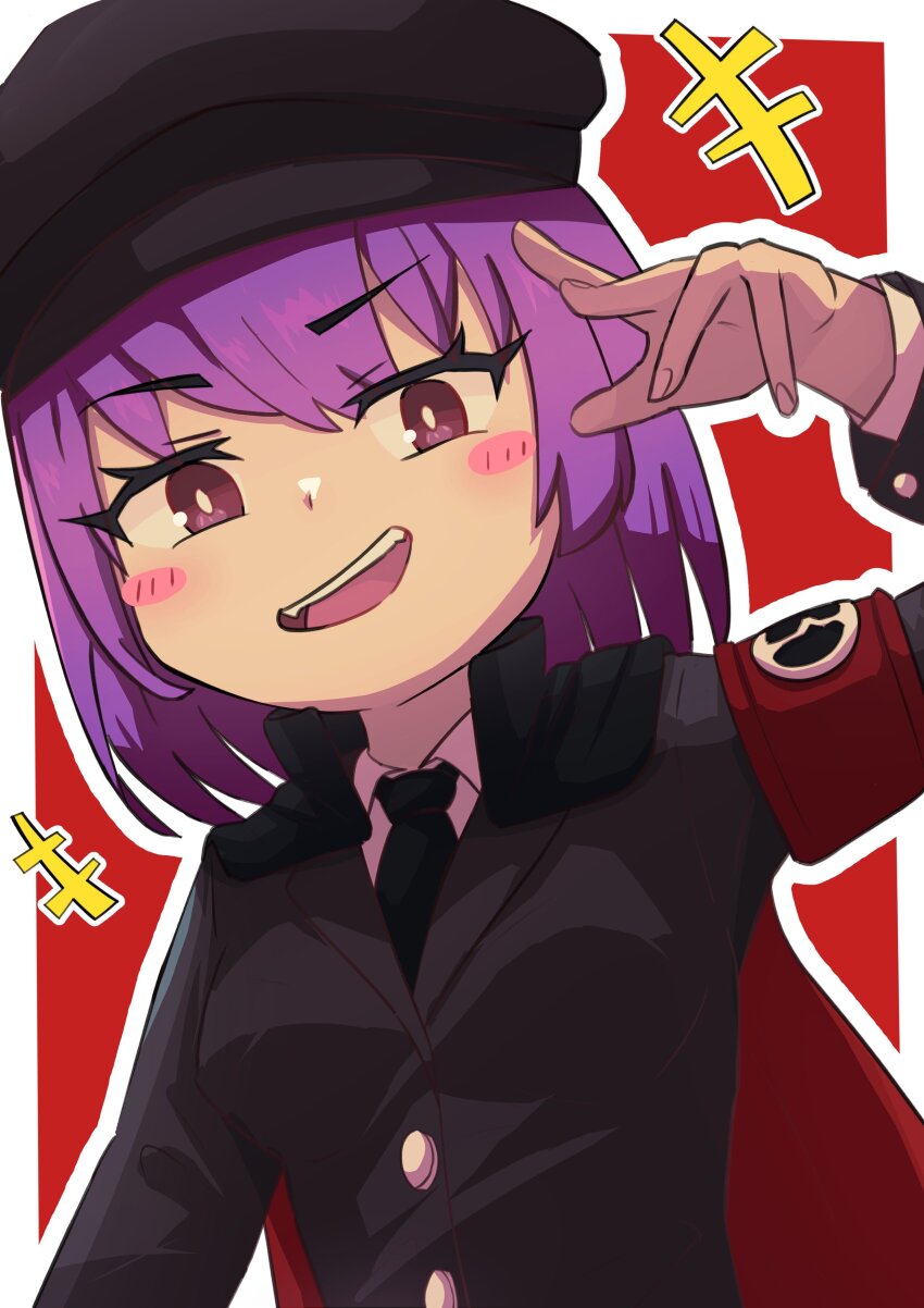 +++ 1girl absurdres armband black_coat black_hat black_necktie blush_stickers breasts bright_pupils coat collared_shirt commentary_request cookie_(touhou) fingernails geru_futota hand_up hat highres long_sleeves looking_at_viewer necktie open_mouth outline peaked_cap purple_eyes purple_hair raised_eyebrow red_background remilia_scarlet shirt short_hair small_breasts smile solo tatamaru5382 teeth touhou two-tone_background upper_body upper_teeth_only white_background white_outline white_pupils white_shirt