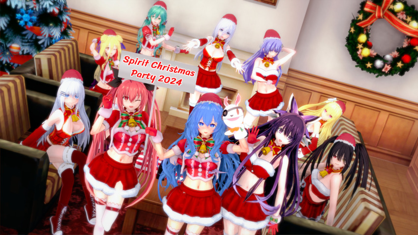 3d black_hair blonde_hair blue_eyes blue_hair breasts christmas cleavage date_a_live green_eyes green_hair grey_hair himekawa_yoshino hoshimiya_mukuro itsuka_kotori izayoi_miku kyouno_natsumi long_hair mayuri_(date_a_live) purple_eyes purple_hair red_eyes red_hair short_hair table takamiya_mio thighs tobiichi_origami tokisaki_kurumi twintails white_hair yatogami_tohka yellow_eyes