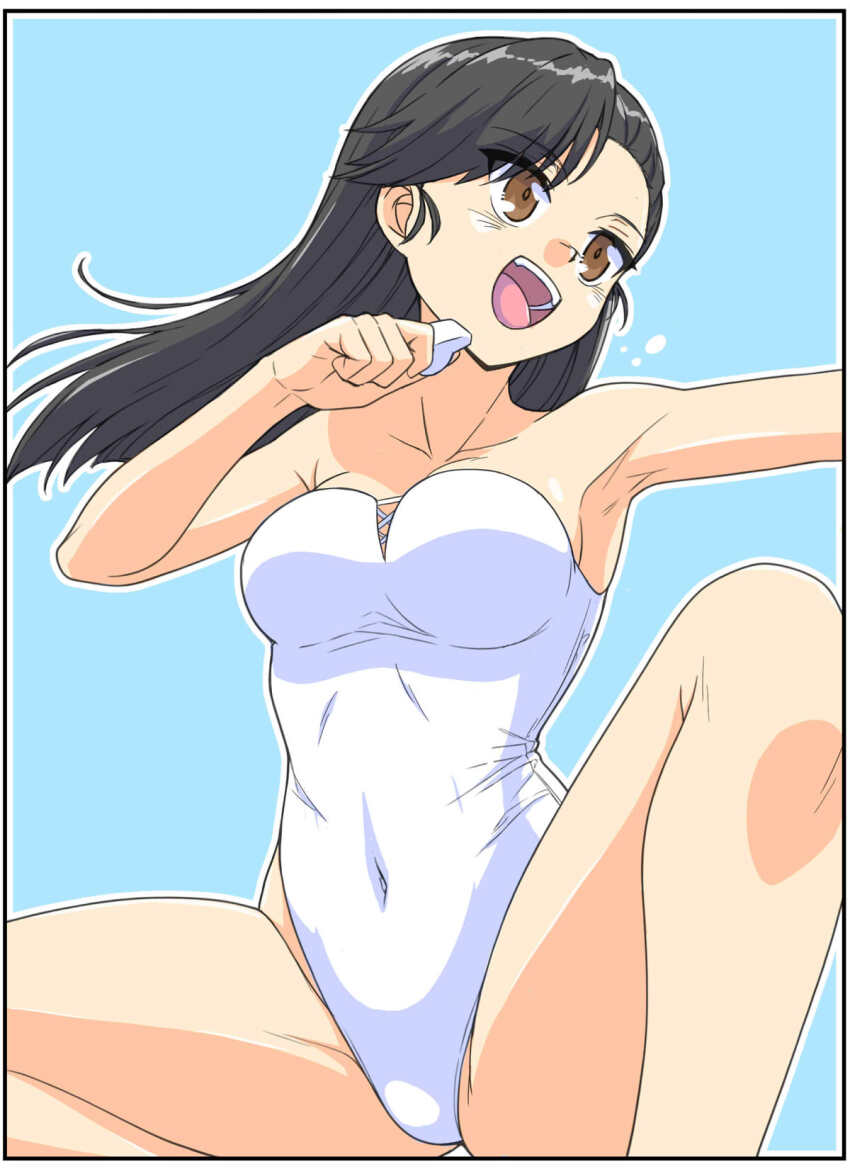1girl black_hair breasts brown_eyes collarbone girls_und_panzer highres holding holding_whistle long_hair nishi_kinuyo official_alternate_costume one-piece_swimsuit open_mouth renshiu smile strapless strapless_one-piece_swimsuit swimsuit thighs whistle white_one-piece_swimsuit