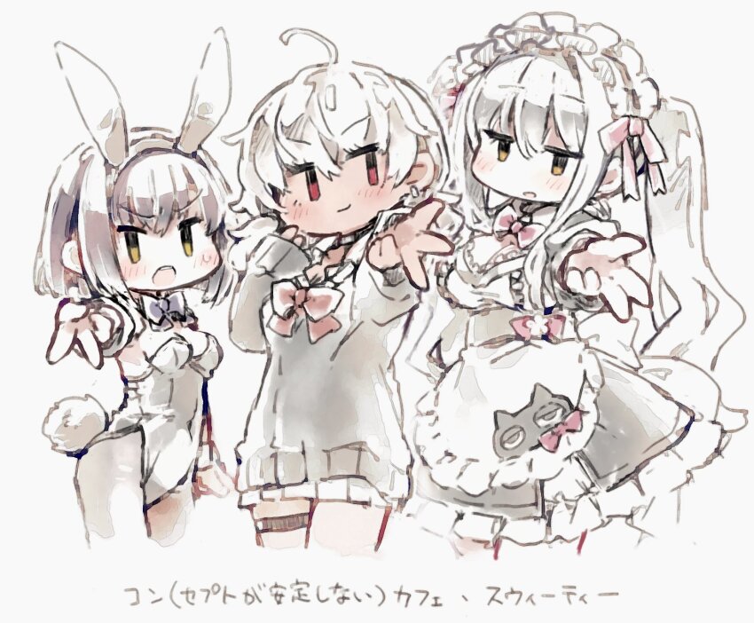 3girls :o ahoge alternate_costume animal_ears apron black_dress black_hair black_leotard blush bow bowtie breasts chibi cleavage collared_shirt dark-skinned_female dark_skin dress earrings enmaided fake_animal_ears fake_tail frilled_apron frills frima_(nikke) goddess_of_victory:_nikke hair_ribbon highres jewelry kureudon large_breasts leotard long_hair maid maid_headdress medium_breasts milk_(nikke) multiple_girls pantyhose playboy_bunny rabbit_ears rabbit_tail red_bow red_bowtie red_eyes ribbon shirt short_hair smile sugar_(nikke) sweater tail twintails v white_apron white_hair yellow_eyes