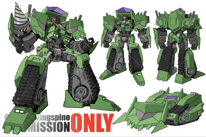 bad_id bad_twitter_id bonecrusher bulldozer caterpillar_tracks reference_sheet commission drill highres kamitoge_supino mecha multiple_views no_humans open_hand open_mouth redesign robot science_fiction transformers watermark white_background