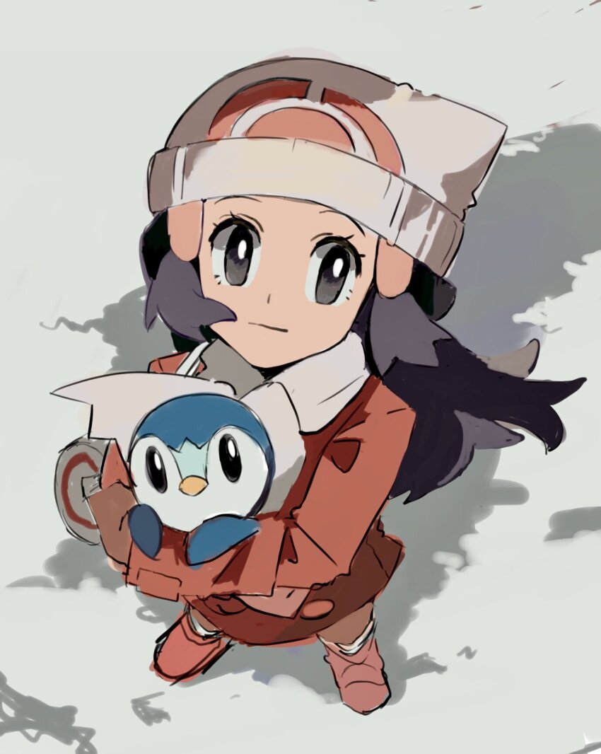 1girl beanie blue_hair boots closed_mouth coat dark_blue_hair dawn_(pokemon) from_above gen_4_pokemon hair_ornament half_updo hat highres holding holding_pokemon long_hair long_sleeves nintendo pink_boots piplup pokemon pokemon_(creature) pokemon_dppt pokemon_platinum red_coat scarf shichibee_(stm_mimi) standing white_hat white_scarf