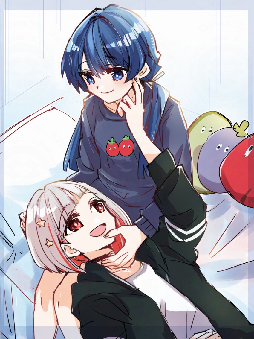 2girls :d black_jacket blue_eyes blue_hair blue_ribbon blue_sweater bob_cut closed_mouth collarbone colored_inner_hair commentary dark_blue_hair diagonal_bangs dollchestra feet_out_of_frame grey_hair hair_ornament hair_ribbon hand_on_another&#039;s_cheek hand_on_another&#039;s_face highres inverted_bob jacket kanduki_kamibukuro lap_pillow link!_like!_love_live! long_hair long_sleeves loungewear love_live! low_twintails lying mole mole_on_neck multicolored_hair multiple_girls murano_sayaka murano_sayaka_(summer_loungewear) on_back on_bed open_clothes open_jacket open_mouth red_eyes red_hair ribbon shirt short_hair sitting three-quarter_sleeves smile star_(symbol) star_hair_ornament streaked_hair sweater twintails upper_body virtual_youtuber white_shirt yugiri_tsuzuri yugiri_tsuzuri_(summer_loungewear) yuri