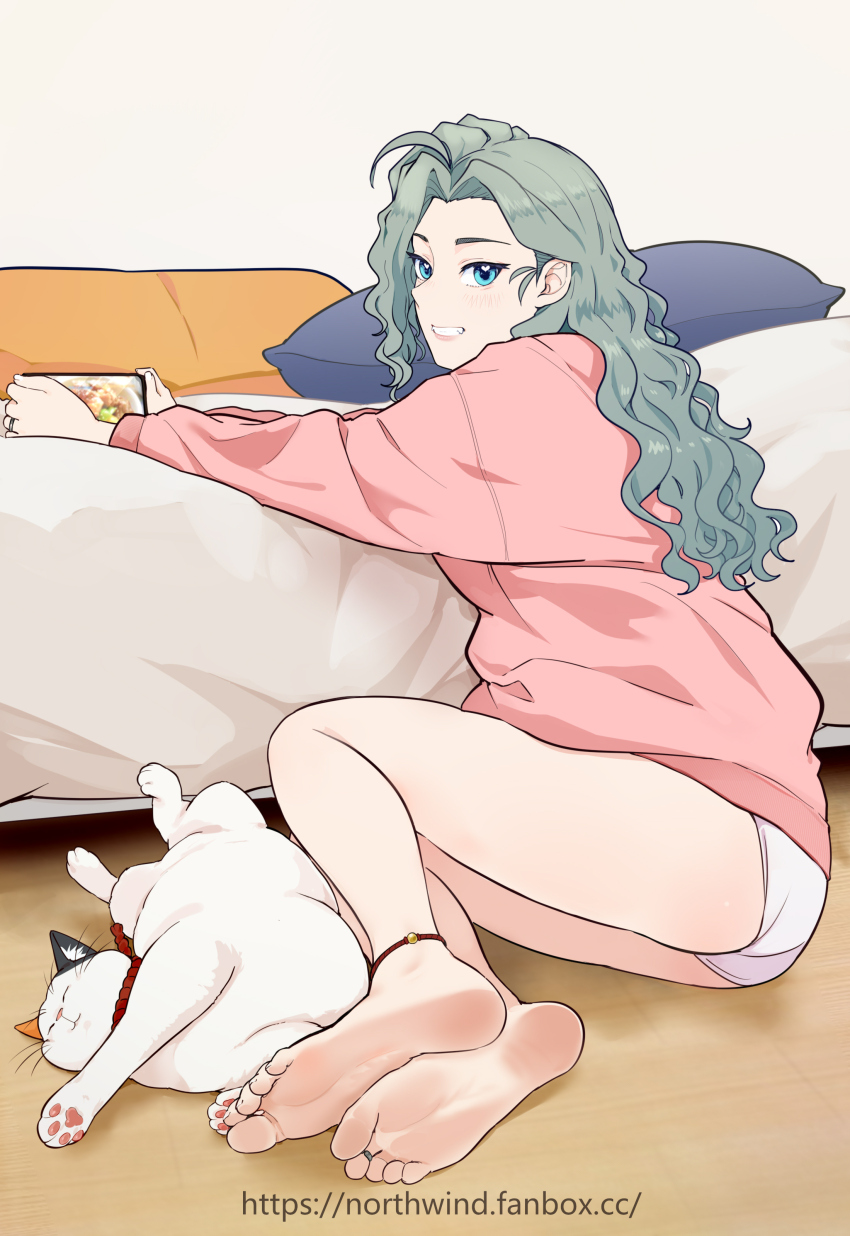 1girl absurdres anklet ass barefoot beifeng_han blue_eyes blush cat feet green_hair grin highres jewelry long_hair looking_at_viewer original panties smile soles toes underwear