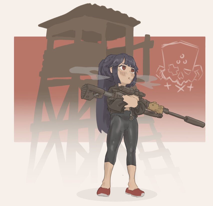 1girl black_bodysuit black_hair bodysuit cigarette full_body gun highres long_hair mr_banzai original ponytail red_eyes rifle scope smoking sniper_rifle solo tower very_long_hair weapon