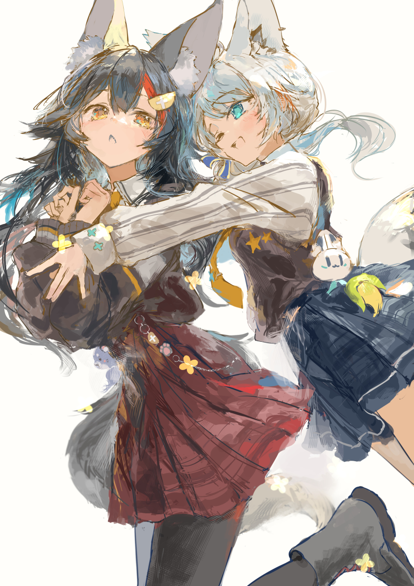 2girls absurdres animal_ear_fluff animal_ears aqua_eyes black_boots black_hair black_pantyhose blue_skirt blush boots brown_jacket brown_vest fox_ears fox_girl fox_tail hair_between_eyes highres hololive hug hug_from_behind ichika_(ichika87) incoming_hug jacket long_hair looking_at_another multiple_girls necktie one_eye_closed ookami_mio open_mouth pantyhose red_eyes red_skirt shirakami_fubuki shirt sidelocks skirt tail vest virtual_youtuber white_hair white_shirt wolf_ears wolf_girl wolf_tail yellow_eyes yellow_necktie