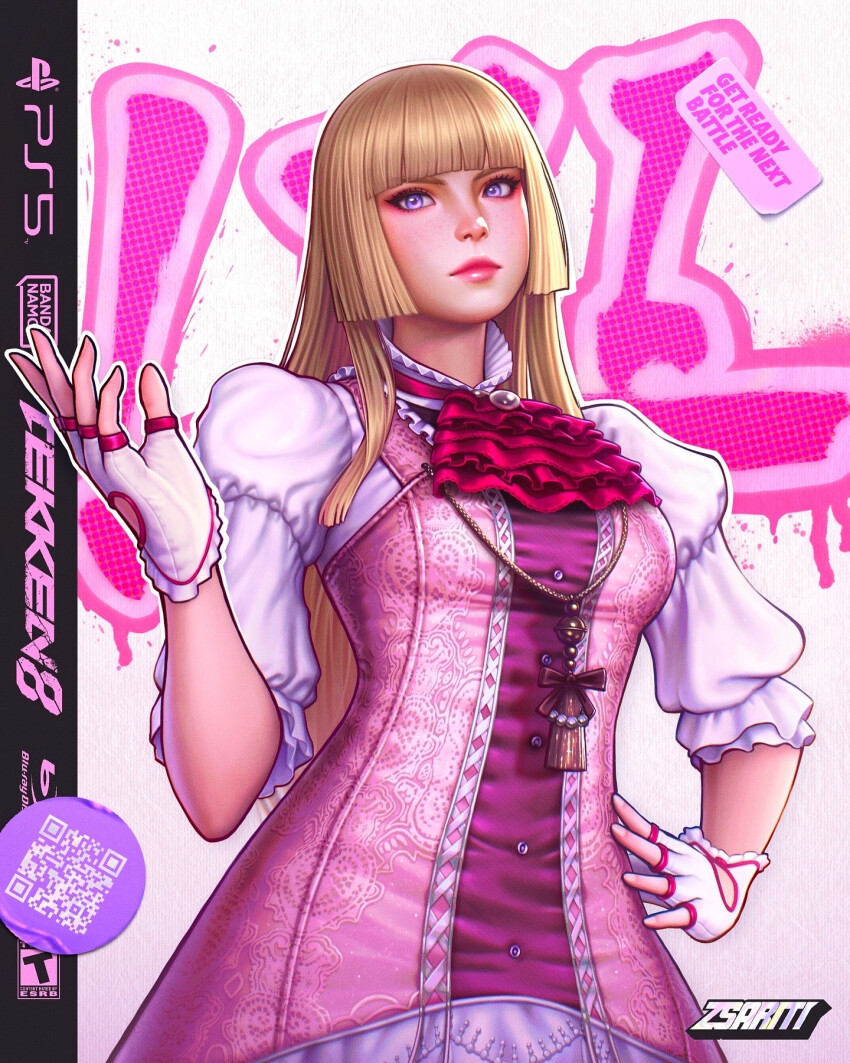 1girl artist_name bandai_namco blonde_hair blu-ray_logo character_name commentary emilie_de_rochefort english_commentary fingerless_gloves frills gloves graffiti highres hime_cut logo long_hair playstation_logo qr_code solo tekken tekken_8 zsariti