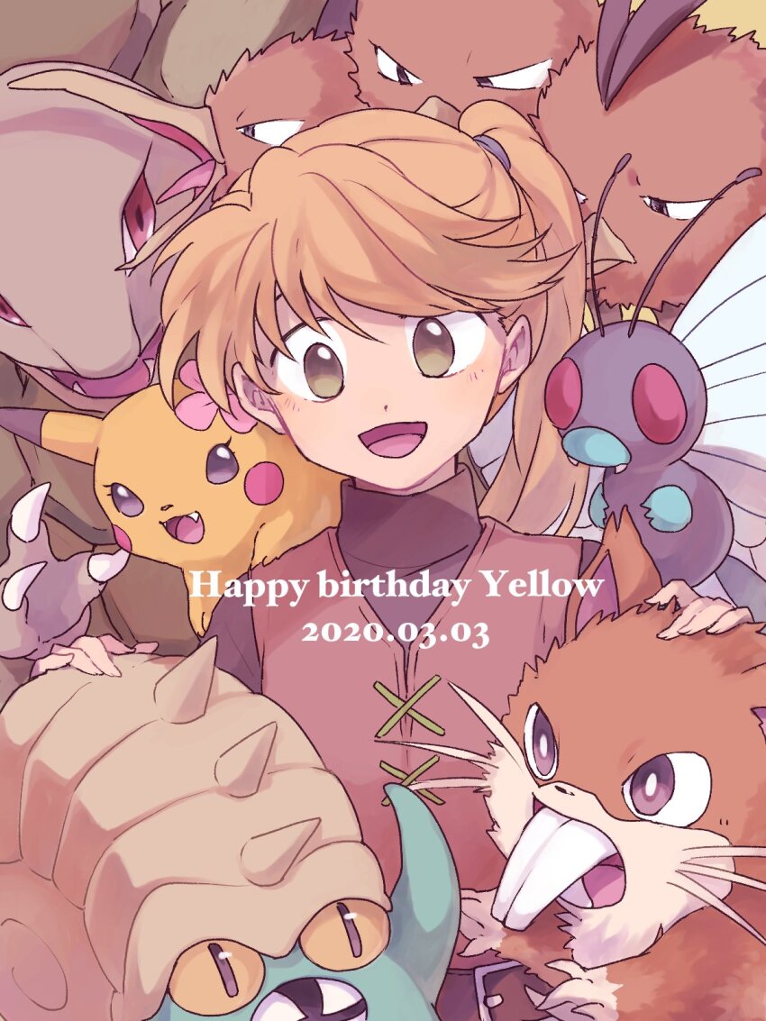 1girl :d black_shirt blonde_hair blush brown_eyes brown_tunic butterfree commentary dated dodrio fangs flower game_freak gen_1_pokemon golem_(pokemon) hair_flower hair_ornament happy_birthday highres long_hair nintendo omastar open_mouth pikachu pink_flower pokemon pokemon_(creature) pokemon_adventures ponytail raticate shirt smile swept_bangs tunic turtleneck turtleneck_shirt upper_body yellow_(pokemon) yui_ko