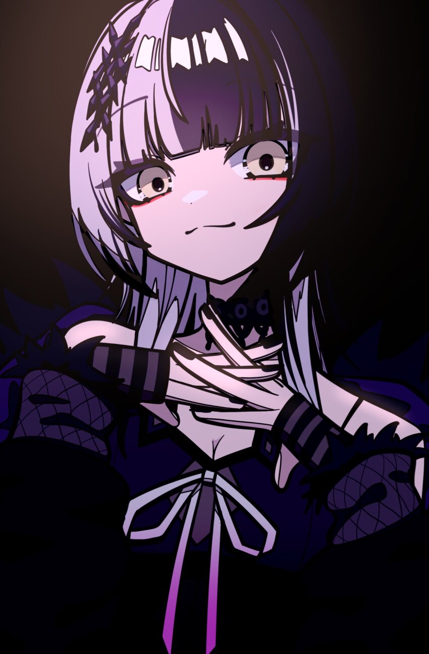 1girl black_coat black_hair black_nails breasts cleavage closed_mouth coat fur-trimmed_coat fur_trim gradient_ribbon highres hololive hololive_english long_hair looking_at_viewer multicolored_hair pink_hair pink_ribbon ribbon shiori_novella shiori_novella_(1st_costume) solo split-color_hair two-tone_hair virtual_youtuber white_ribbon yellow_eyes yuvur1