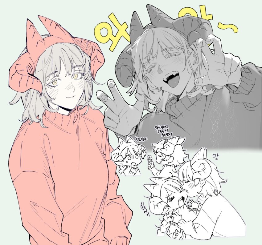 &gt;_&lt; 2girls ^_^ biting braid braided_ponytail biting_cheek chibi claw_pose closed_eyes closed_mouth cropped_torso dragon_horns dungeon_meshi elf fake_horns fake_teeth falin_touden falin_touden_(tallman) fangs gloom_(expression) grey_hair half-closed_eyes hands_on_another&#039;s_shoulders hands_up holding horns long_hair long_sleeves looking_at_viewer marcille_donato matching_outfits multiple_girls multiple_horns multiple_views open_mouth partially_colored pointy_ears profile red_horns red_sweater short_hair simple_background single_braid smile sweatdrop sweater turtleneck upper_body wawa_(wawawa0080) yellow_eyes