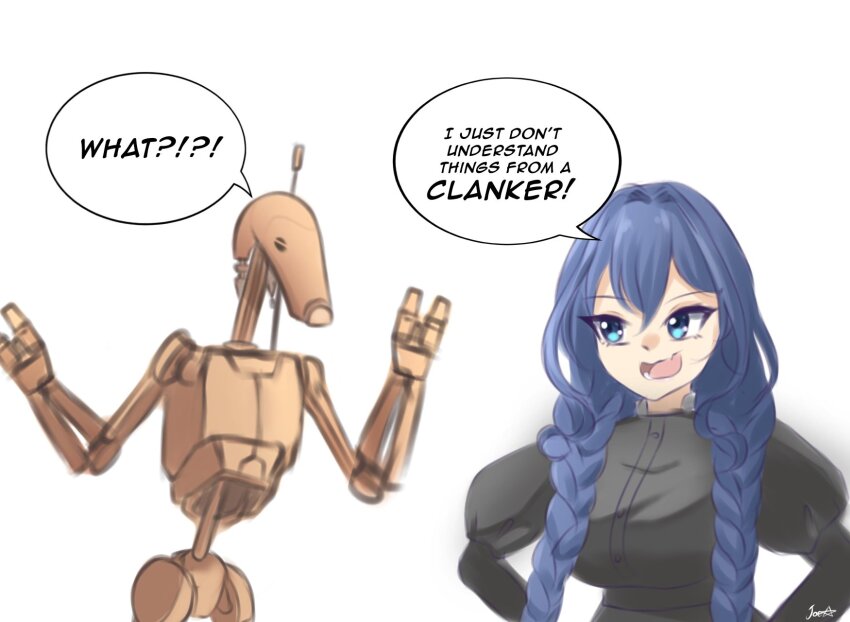 1girl b1_battle_droid black_dress blue_eyes blue_hair braid commentary dress droid english_commentary english_text hair_intakes highres hololive hololive_english long_hair low_twin_braids no_apron official_alternate_costume official_alternate_hairstyle open_mouth ouro_kronii ouro_kronii_(maid) simple_background speech_bubble star_wars sussyjoe_08 twin_braids virtual_youtuber white_background