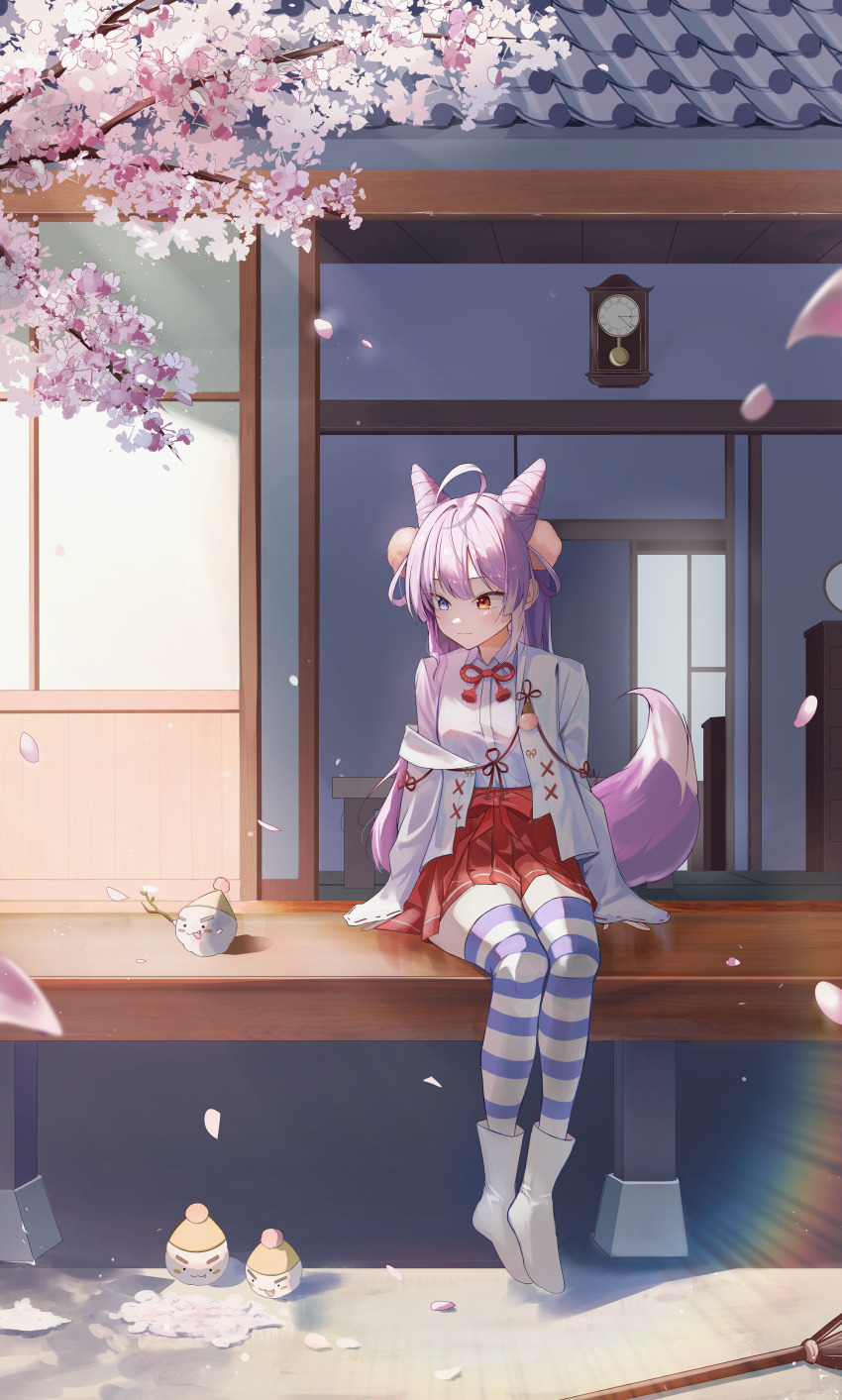 1girl absurdres ahoge analog_clock blue_eyes boots brown_eyes center-flap_bangs cherry_blossoms clock closed_mouth collared_shirt commentary creature day falling_petals fluffy_hair fox_tail full_body grey_boots grey_jacket grey_shirt hair_ornament heterochromia highres house inari_(tenko_shibuki) jacket long_hair long_sleeves miniskirt open_clothes open_jacket outdoors petals pleated_skirt pom_pom_(clothes) pom_pom_hair_ornament porch purple_hair purple_thighhighs red_skirt shirt skirt solo stellive striped_clothes striped_thighhighs tail tenko_shibuki thighhighs tsuyu_(yzxx7825) virtual_youtuber wing_collar zettai_ryouiki