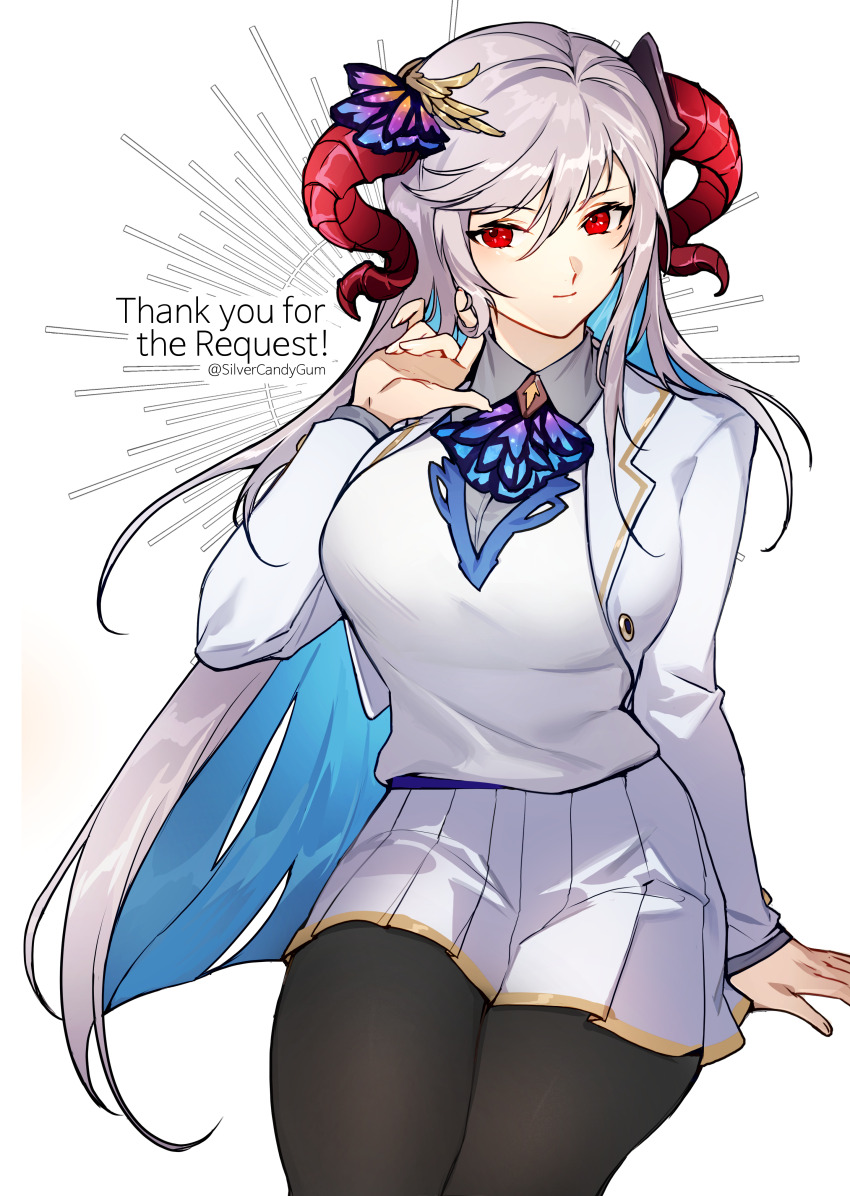 1girl absurdres alternate_costume black_pantyhose blue_hair breasts closed_mouth colored_inner_hair commentary commission contemporary curled_horns english_commentary english_text fire_emblem fire_emblem_heroes freyja_(fire_emblem) goat_horns grey_hair highres horns invisible_chair jacket large_breasts long_hair long_sleeves miniskirt multicolored_hair nintendo open_clothes open_jacket pantyhose pixiv_commission red_eyes red_horns school_uniform silvercandy_gum simple_background sitting skirt solo thighs twitter_username two-tone_hair very_long_hair white_background white_jacket