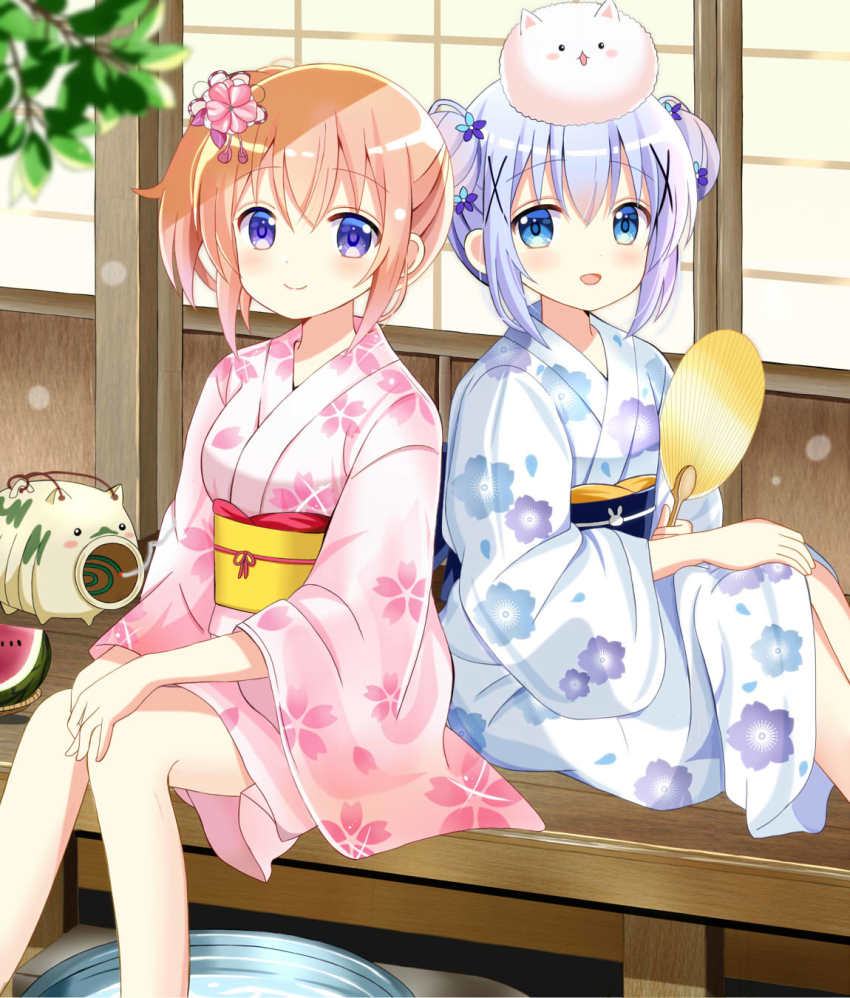 2girls animal animal_on_head basin blue_eyes blue_hair blue_kimono cherry_blossoms closed_mouth double_bun floral_print flower food fruit gochuumon_wa_usagi_desu_ka? hair_bun hair_flower hair_ornament hand_fan hand_on_own_knee highres holding holding_fan japanese_clothes kafuu_chino kayari_buta kimono knees_up medium_hair mosquito_coil multiple_girls on_head open_mouth orange_hair paper_fan pink_kimono pov purple_eyes rabbit rabbit_on_head ryoutan shouji sliding_doors smile tippy_(gochiusa) uchiwa veranda watermelon x_hair_ornament yukata