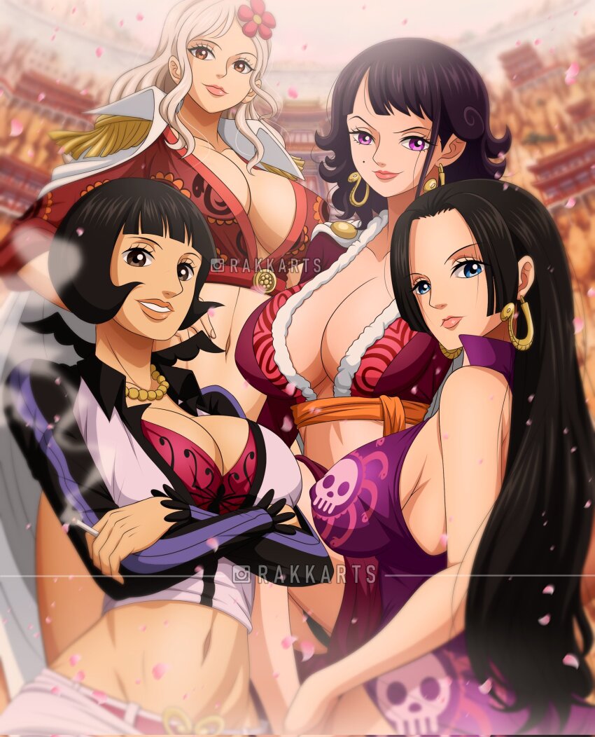 4girls aged_down black_hair blue_eyes blunt_bangs boa_hancock bob_cut breasts cleavage coat coat_on_shoulders commentary crop_top crossed_arms earrings empress english_commentary epaulettes flower gloriosa_(one_piece) hair_flower hair_ornament halterneck highres instagram_username jewelry long_hair looking_at_viewer looking_back mole multiple_girls necklace one_piece pearl_necklace purple_eyes rakara11_(rakkarts) shakuyaku_(one_piece) smile snake_earrings tritoma_(one_piece) white_coat