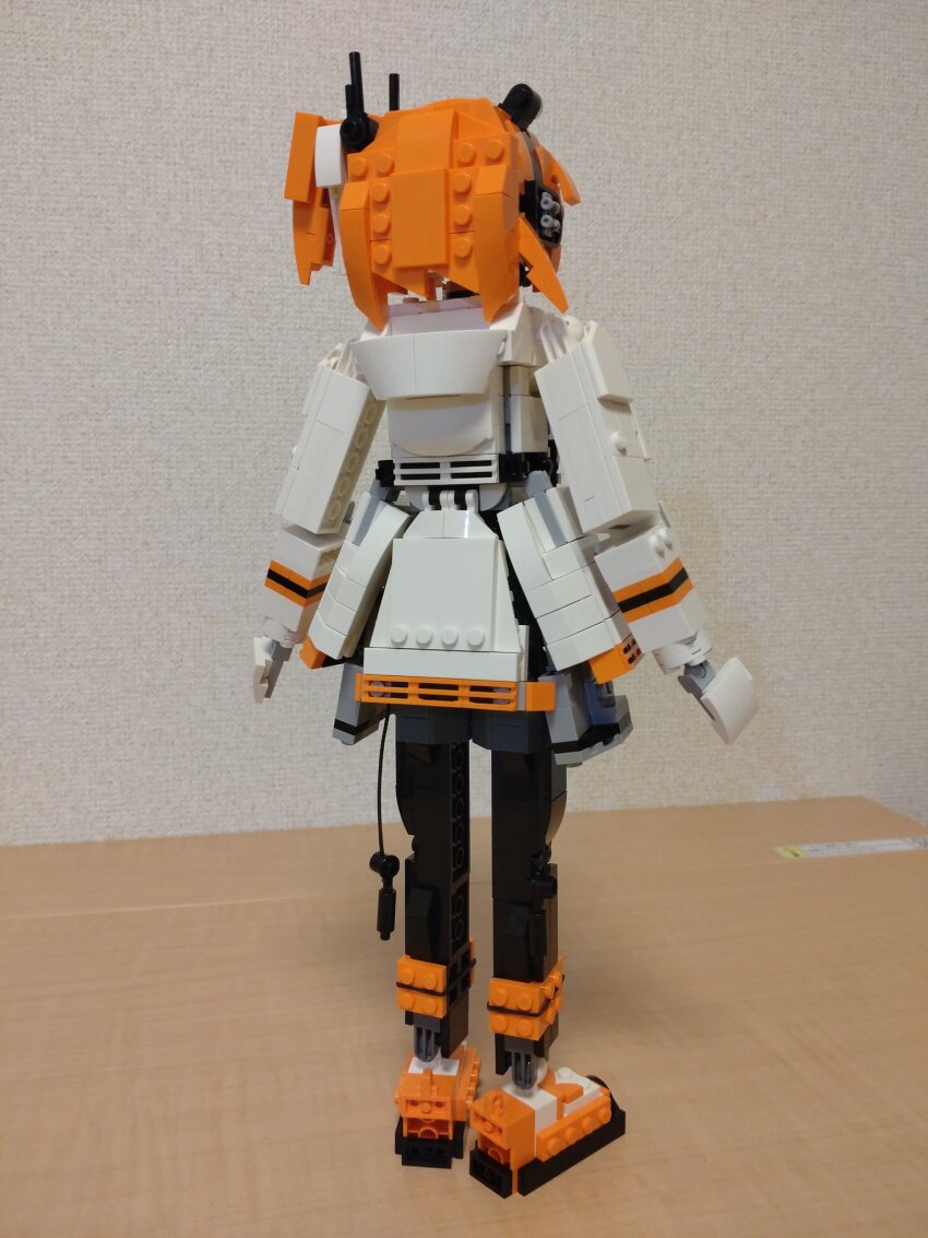 1girl a.i._voice adachi_rei black_leggings cable choroli_(chorolin) from_behind gloves hair_ribbon highres hood hood_down hooded_jacket jacket leggings lego_(medium) long_sleeves medium_hair one_side_up orange_hair orange_shoes radio_antenna ribbon shoes solo standing unconventional_media utau white_gloves white_jacket white_ribbon