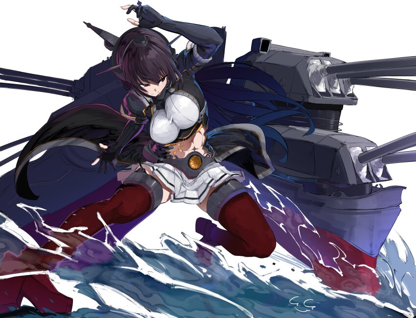 1girl absurdres adapted_turret black_coat black_gloves black_hair breasts cannon coat elbow_gloves gegesan gloves hair_between_eyes headgear highres kantai_collection large_breasts long_coat long_hair machinery miniskirt nagato_(kancolle) nagato_kai_ni_(kancolle) ocean partially_fingerless_gloves pleated_skirt red_eyes red_thighhighs rigging sakuramon ship_turret signature skirt smokestack solo thighhighs water white_background white_skirt