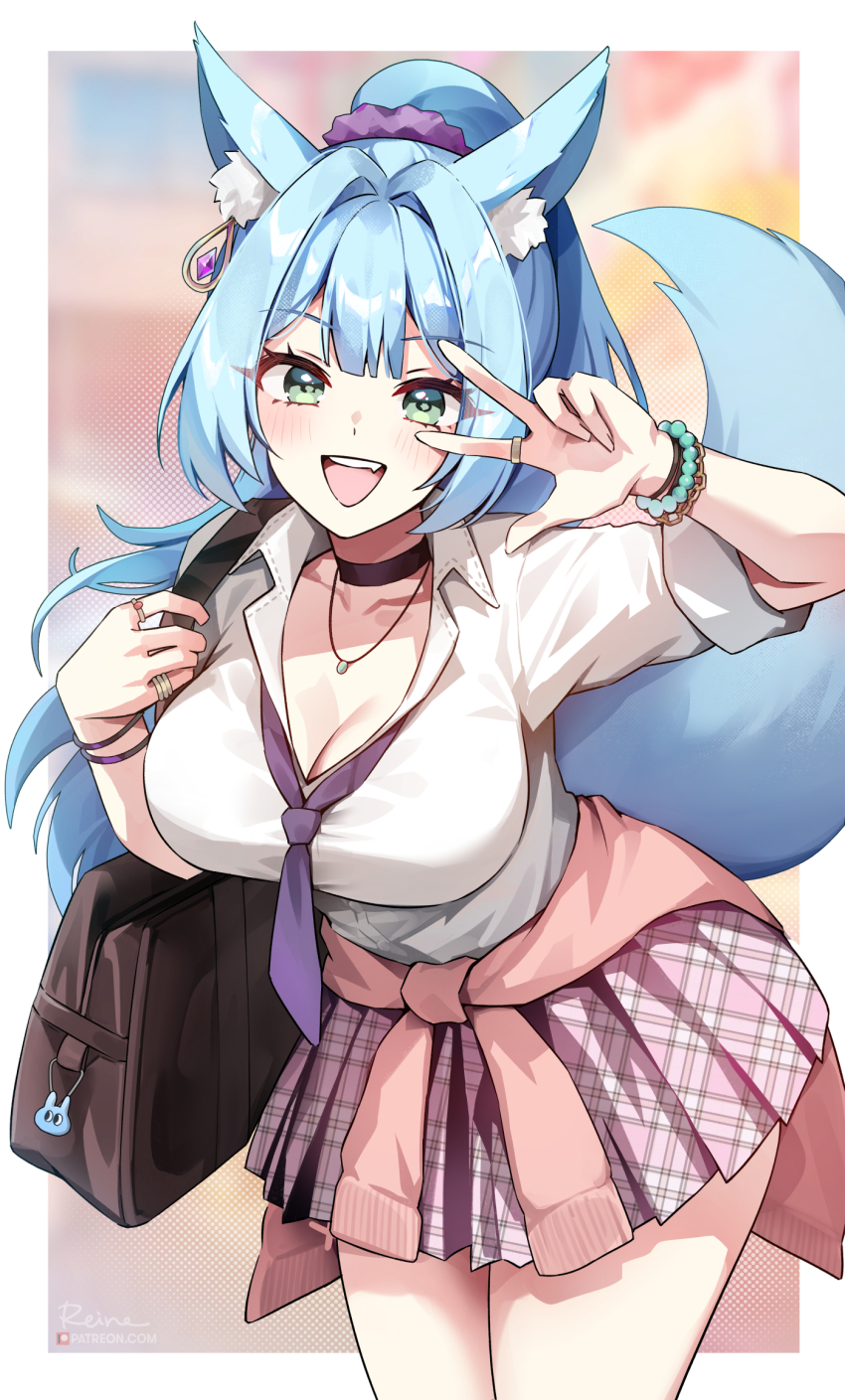 1girl :d animal_ear_fluff animal_ears bag blue_hair border bracelet breasts choker cleavage fox_ears fox_girl fox_tail foxyreine green_eyes highres jewelry large_breasts long_hair looking_at_viewer necktie open_mouth original purple_necktie ring school_uniform shoulder_bag sister_reine_(foxyreine) smile solo tail v very_long_hair white_border