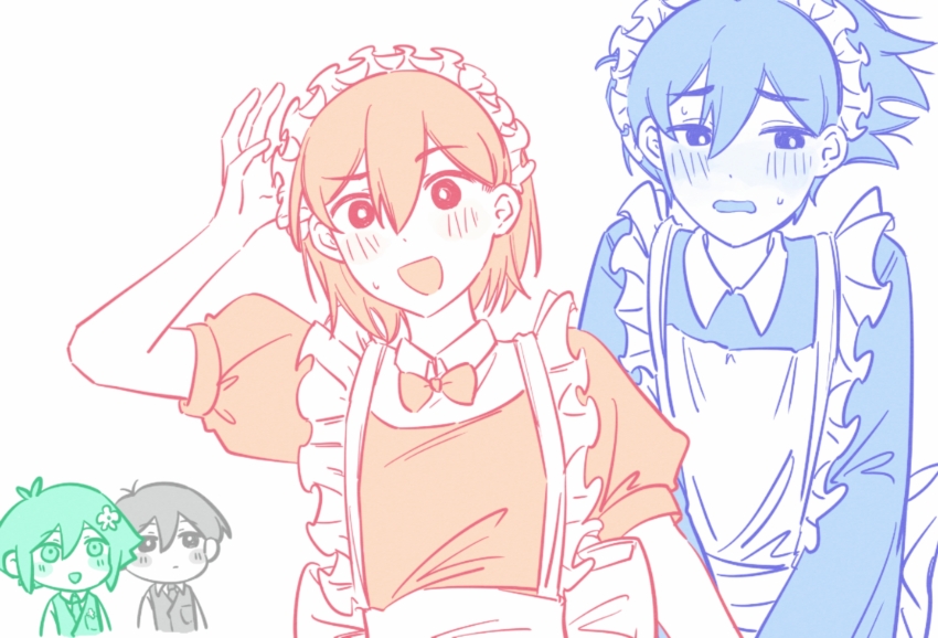 4boys alternate_costume antenna_hair arm_up bailan1130 basil_(faraway)_(omori) basil_(omori) blush chibi enmaided flower hair_flower hair_ornament hero_(faraway)_(omori) hero_(omori) highres kel_(faraway)_(omori) kel_(omori) limited_palette long_sleeves maid maid_headdress male_focus multiple_boys necktie omori open_mouth short_hair simple_background sunny_(omori) sweatdrop white_background