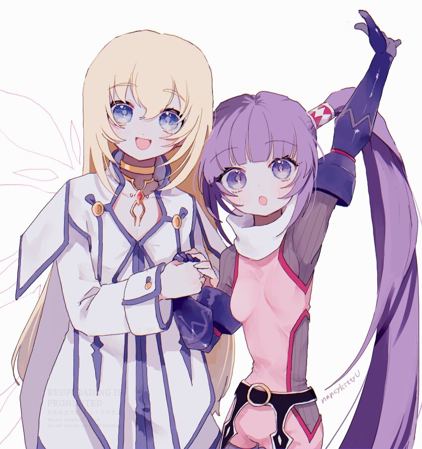 2girls :d :o absurdres aqua_background blonde_hair blue_eyes blue_trim breasts colette_brunel commentary_request dot_nose highres long_hair looking_at_viewer multiple_girls nancykittyu open_mouth purple_eyes purple_hair purple_pupils simple_background small_breasts smile sophie_(tales) tales_of_(series) tales_of_graces tales_of_symphonia twintails very_long_hair