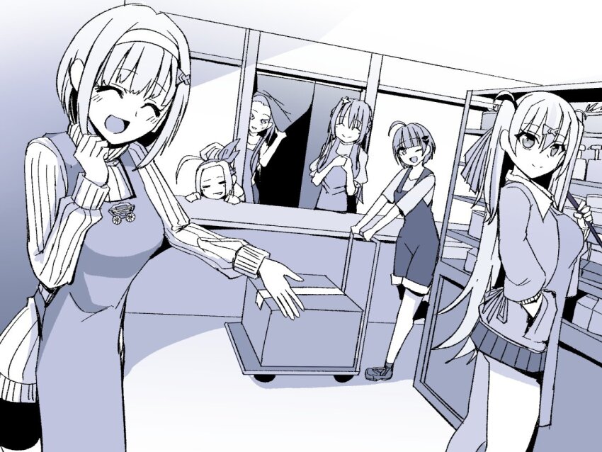 6+girls ahoge alternate_universe bangs_pinned_back braid fish_hair_ornament hair_ornament hairband half_up_braid heaven_burns_red kenpi_(hs-totyu) long_hair monochrome multiple_girls ooshima_ichiko ooshima_isuzu ooshima_minori ooshima_muua ooshima_niina ooshima_yotsuha sextuplets short_hair siblings side_ahoge sisters team_31e_(heaven_burns_red) two_side_up