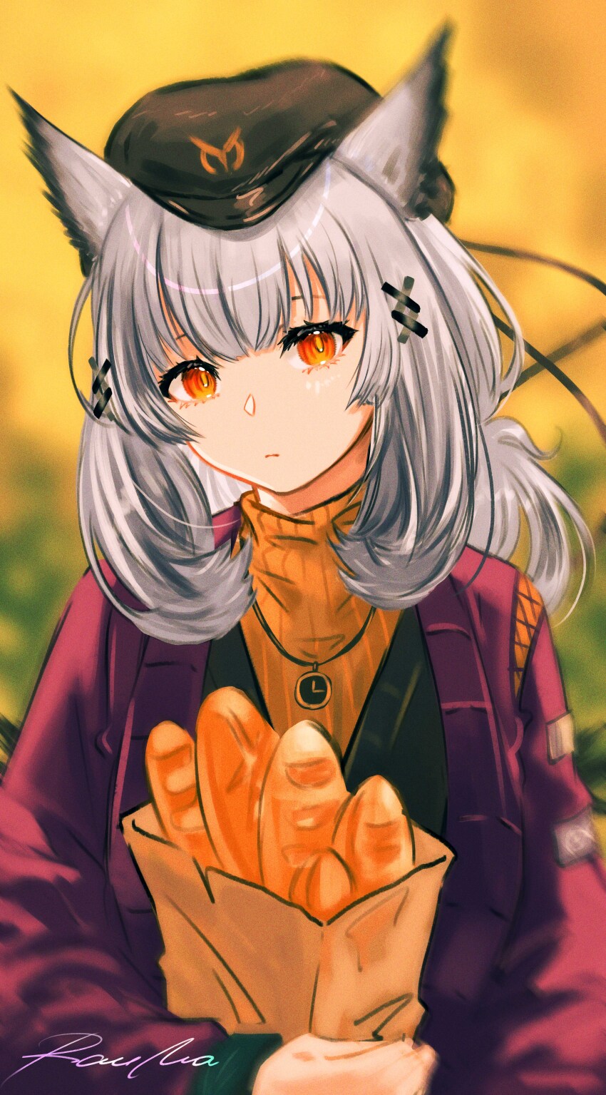1girl absurdres arknights bag baguette beret black_hat bread food grey_hair hair_ornament hat highres holding holding_bag jacket jewelry long_hair long_sleeves looking_at_viewer necklace one-hour_drawing_challenge open_clothes open_jacket orange_eyes orange_sweater owl_ears ptilopsis_(arknights) ptilopsis_(serenity)_(arknights) purple_jacket rau_ma_(the_rauma001) ribbed_sweater solo sweater upper_body x_hair_ornament