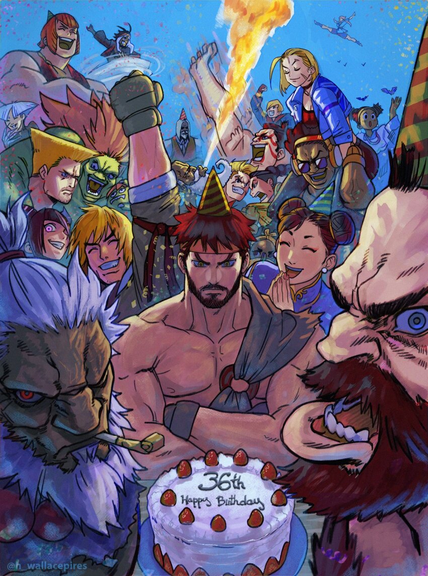 6+boys 6+girls a.k.i._(street_fighter) ahoge akuma_(street_fighter) anniversary antenna_hair arm_around_shoulder arm_up auburn_hair beads beard bird birthday_cake black_choker black_hair black_pants blanka blanka-chan blonde_hair blue_background blue_bodysuit blue_eyes blue_jacket blue_shirt bodysuit bow_hairband braid breath_weapon breathing_fire brown_eyes brown_hair brown_jacket cake cammy_white capcom carrying chain chain_necklace character_doll chest_hair chinese_clothes choker chun-li claw_(weapon) clenched_hand closed_eyes clothes_grab collar_grab collared_shirt colored_skin cone_hair_bun confetti dark-skinned_female dark-skinned_male dark_skin dee_jay derivative_work dhalsim double_bun dougi earrings ed_(street_fighter) e._honda everyone facepaint facial_hair fingerless_gloves fire flattop food fringe_trim gloves gold_chain gold_trim green_skin guile hair_bun hair_over_one_eye hairband han_juri happy_birthday hat headband headphones high_braid highres huge_ahoge jacket jamie_siu jewelry jp_(street_fighter) ken_masters kimberly_jackson laughing lily_hawk long_beard looking_at_viewer luke_sullivan manon_legrand marisa_(street_fighter) martial_arts_belt mohawk multiple_boys multiple_girls muscular muscular_female muscular_male nail_polish necklace necktie neckwear_grab open_mouth orange_hair own_hands_together pants party_hat party_horn pectorals pink_hair prayer_beads purple_eyes rashid_(street_fighter) red_eyes red_gloves red_hair red_headband red_shirt rivalry ryu_(street_fighter) scar scar_across_eye scar_on_face shaded_face shirt short_hair short_hair_with_long_locks shoulder_carry shouting sleeves_rolled_up smile street_fighter street_fighter_6 stud_earrings sunglasses tassel tassel_earrings thick_eyebrows topknot topless_male twitter_username vest wallace_pires weapon white_hair yellow_jacket zangief