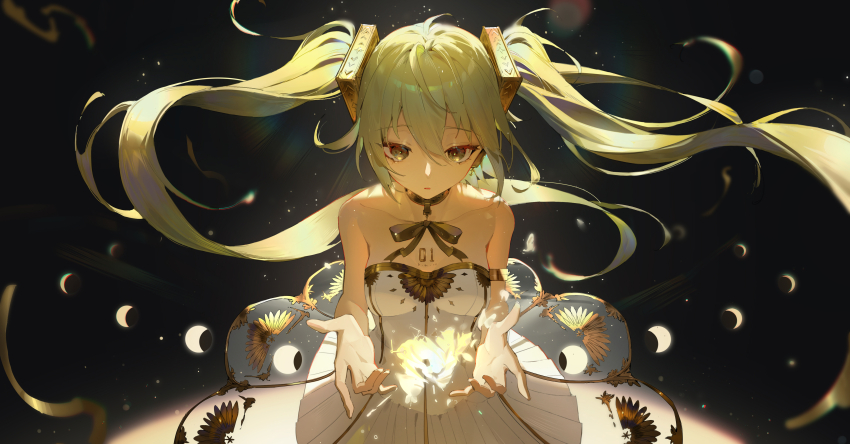 1girl absurdres ahoge bankongping bare_shoulders black_background collarbone commentary dress facing_viewer floating_hair glowing gold_trim gramophone_miku green_eyes green_hair hair_ornament hatsune_miku highres long_hair looking_at_object looking_down miku_symphony_(vocaloid) moon_phases object_floating_above_hand parted_lips see-through_skirt_layer spotlight strapless strapless_dress twintails very_long_hair vocaloid white_dress