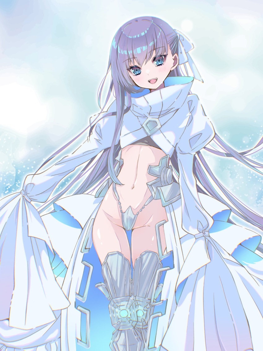 1girl :d arm_at_side armored_boots bare_hips blue_eyes boots cloak cowboy_shot crotch_plate dot_nose dress fate/grand_order fate_(series) flat_chest floating_hair hair_ribbon highres juliet_sleeves long_hair long_sleeves looking_at_viewer meltryllis_(fate) meltryllis_(third_ascension)_(fate) navel open_mouth prosthesis prosthetic_leg puffy_sleeves purple_hair revealing_clothes ribbon shrug_(clothing) sleeves_past_fingers sleeves_past_wrists smile solo standing stomach thigh_gap very_long_hair white_cloak white_dress white_ribbon yamuimo
