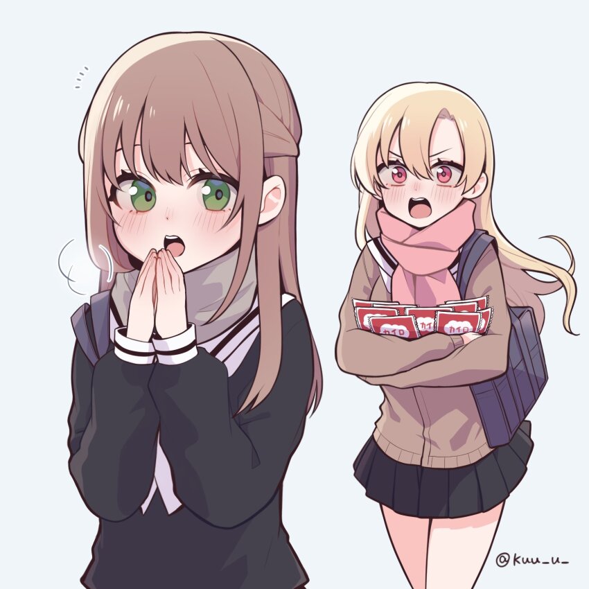 2girls black_serafuku black_skirt blonde_hair blush breath brown_hair brown_sweater cold green_eyes grey_scarf half_updo highres hiyama_yurina kimura_honoka kuu_(abc823) long_hair long_sleeves looking_at_another multiple_girls neckerchief notice_lines open_mouth palms_together pink_eyes pink_scarf pleated_skirt scarf school_uniform serafuku shoujo_manga_shujinkou_x_rival-san skirt sweater teeth twitter_username upper_teeth_only v-shaped_eyebrows white_background white_neckerchief